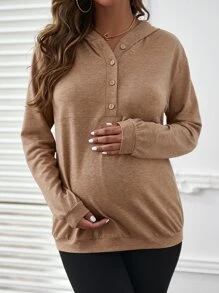 SHEIN Maternity Half Button Drop Shoulder Sweatshirt, For Winter - Camel - View 3