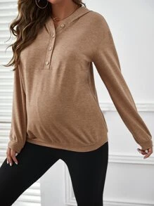 SHEIN Maternity Half Button Drop Shoulder Sweatshirt, For Winter - Camel - View 1