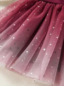 SHEIN Toddler Girls Ombre Galaxy Mesh Panel Belted Dress - Burgundy - View 3