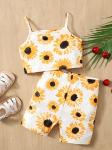 SHEIN Baby Girl Sunflower Print Cami Top & Shorts - White - View 1