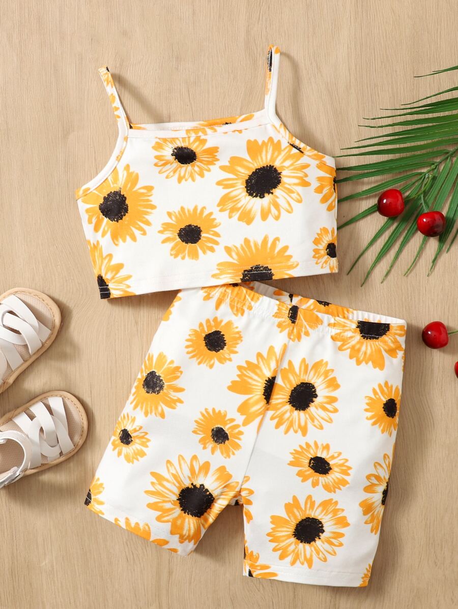 SHEIN Baby Girl Sunflower Print Cami Top & Shorts - White - View 1