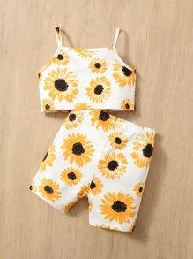 SHEIN Baby Girl Sunflower Print Cami Top & Shorts - White - View 2