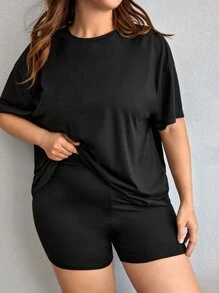 SHEIN LUNE Plus Solid Drop Shoulder Tee & Shorts - Black - View 2