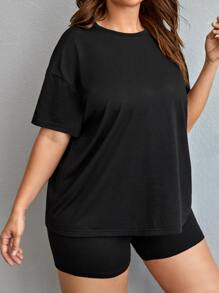 SHEIN LUNE Plus Solid Drop Shoulder Tee & Shorts - Black - View 5