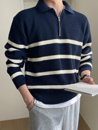 DAZY Men Striped Pattern Polo Neck Fall Sweater Without Tee Quarter Zip Men