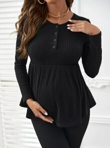 SHEIN Maternity Rib-knit Tee & Leggings Set - Black - View 2