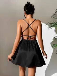 SHEIN PETITE Đầm Lộ Lưng Hội Chữ thập Buộc lại màu trơn Gợi cảm - màu đen - Xem 2