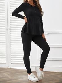 SHEIN Maternity Rib-knit Tee & Leggings Set - Black - View 6
