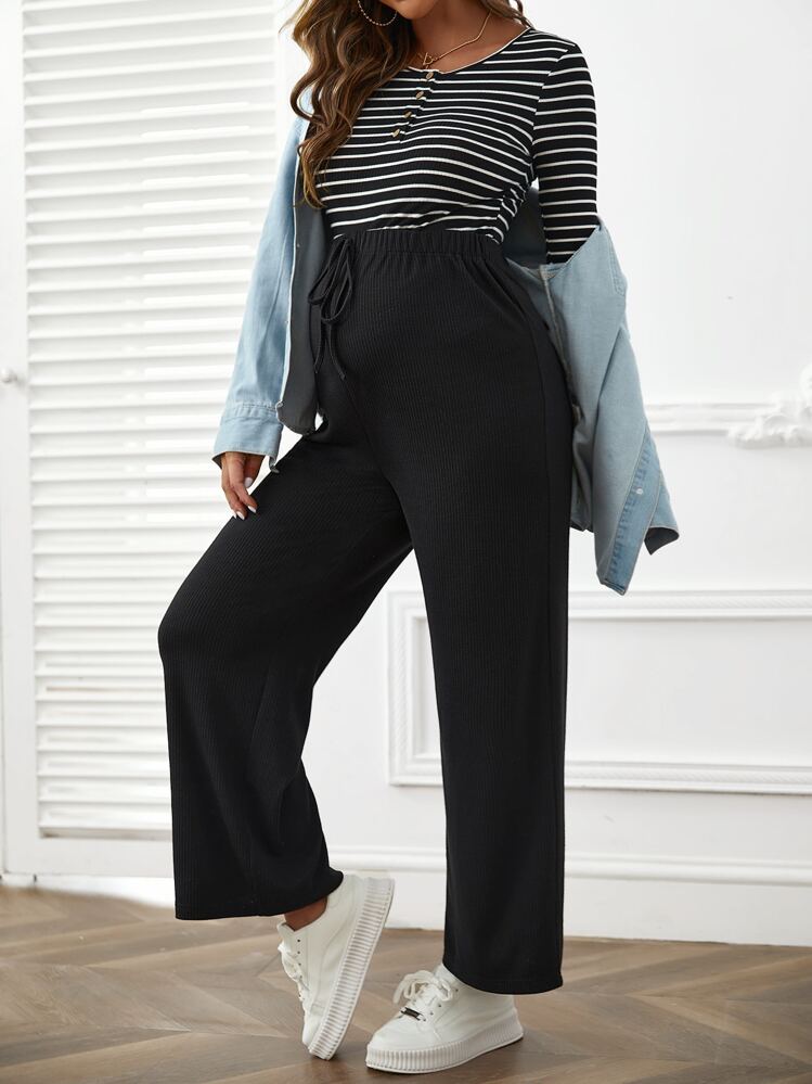 SHEIN Maternity Solid Drawstring Waist Wide Leg Pants - Black - View 3