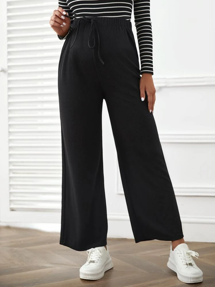 SHEIN Maternity Solid Drawstring Waist Wide Leg Pants - Black - View 4