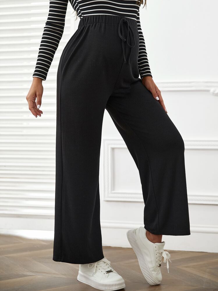 SHEIN Maternity Solid Drawstring Waist Wide Leg Pants - Black - View 5