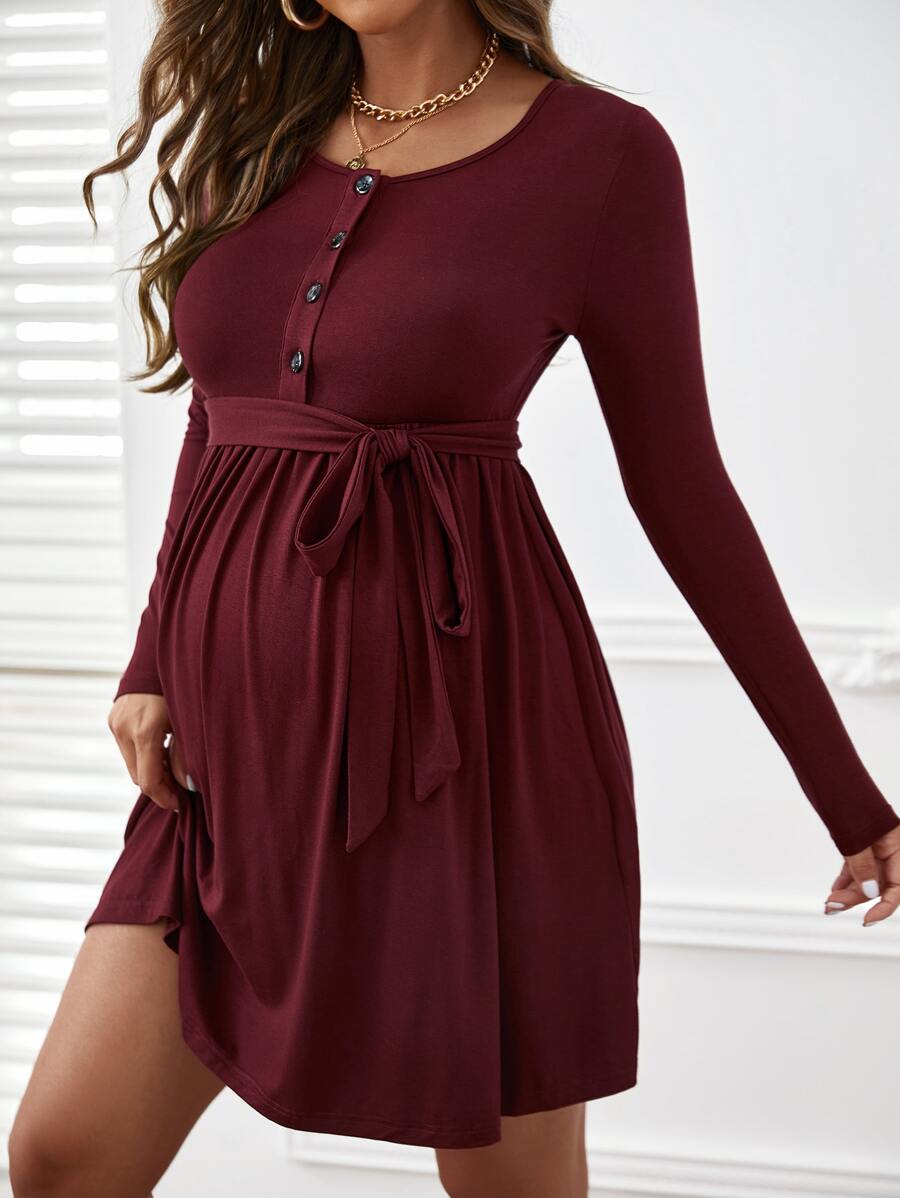 SHEIN Maternity Half Button Belted Dress - Maroon - View 1