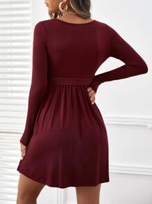 SHEIN Maternity Half Button Belted Dress - Maroon - View 2