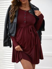 SHEIN Maternity Half Button Belted Dress - Maroon - View 4