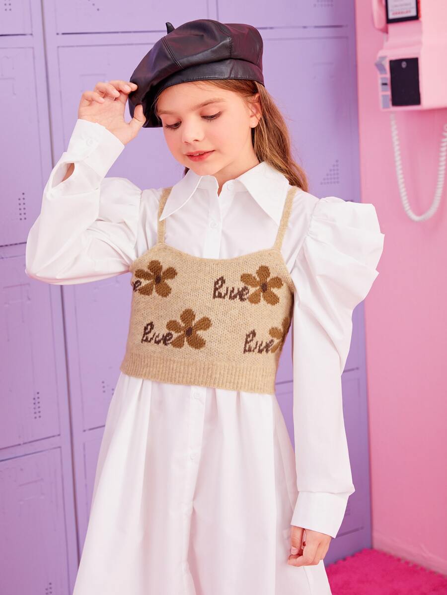 SHEIN Girls 1pc Floral & Letter Pattern Cami Knit Top - Khaki - View 1