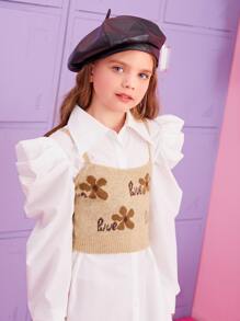 SHEIN Girls 1pc Floral & Letter Pattern Cami Knit Top - Khaki - View 4