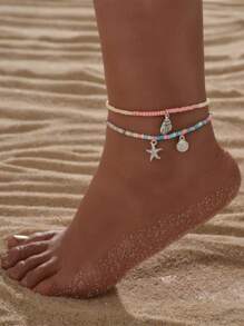 2pcs Scallop & Starfish Charm Beaded Anklet - Multicolor - View 1