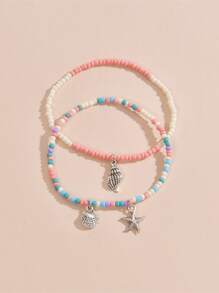 2pcs Scallop & Starfish Charm Beaded Anklet - Multicolor - View 2