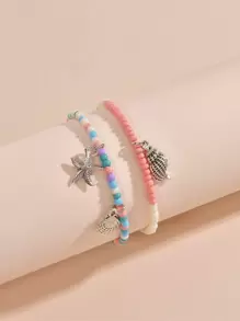 2pcs Scallop & Starfish Charm Beaded Anklet - Multicolor - View 3