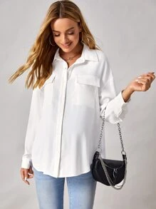 SHEIN 孕妇装翻盖口袋落肩长袖衬衫