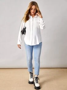 SHEIN 孕妇装翻盖口袋落肩长袖衬衫