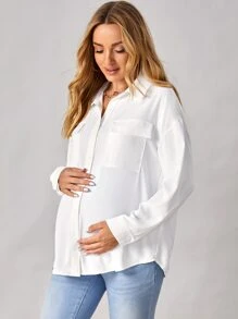 SHEIN 孕妇装翻盖口袋落肩长袖衬衫