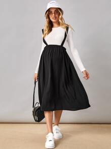SHEIN Maternity Solid Suspender Skirt - Black - View 5