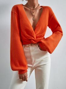 SHEIN Essnce Lantern Sleeve Twist Hem Jumper - Orange - View 1