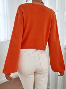 SHEIN Essnce Lantern Sleeve Twist Hem Jumper - Orange - View 2
