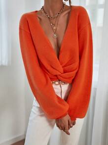 SHEIN Essnce Lantern Sleeve Twist Hem Jumper - Orange - View 3