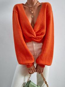 SHEIN Essnce Lantern Sleeve Twist Hem Jumper - Orange - View 4
