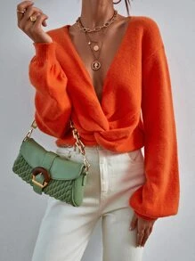 SHEIN Essnce Lantern Sleeve Twist Hem Jumper - Orange - View 5
