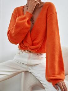 SHEIN Essnce Lantern Sleeve Twist Hem Jumper - Orange - View 7