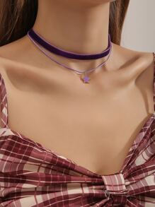 星形墜飾多層頸鏈 - 紫色 - 查看 1