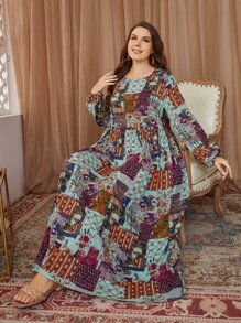 Mulvari Vestido con estampado de retazo de manga farol - Azul menta - Ver 4