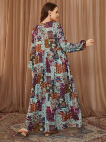 Mulvari Vestido con estampado de retazo de manga farol - Azul menta - Ver 2