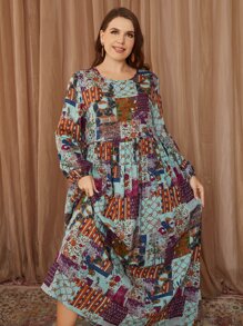 Mulvari Vestido con estampado de retazo de manga farol - Azul menta - Ver 3