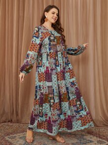 Mulvari Vestido con estampado de retazo de manga farol - Azul menta - Ver 5