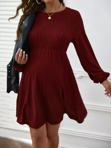 SHEIN Maternity Cable Textured Lantern Sleeve Dress - Maroon - View 2