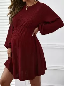 SHEIN Maternity Cable Textured Lantern Sleeve Dress - Maroon - View 1