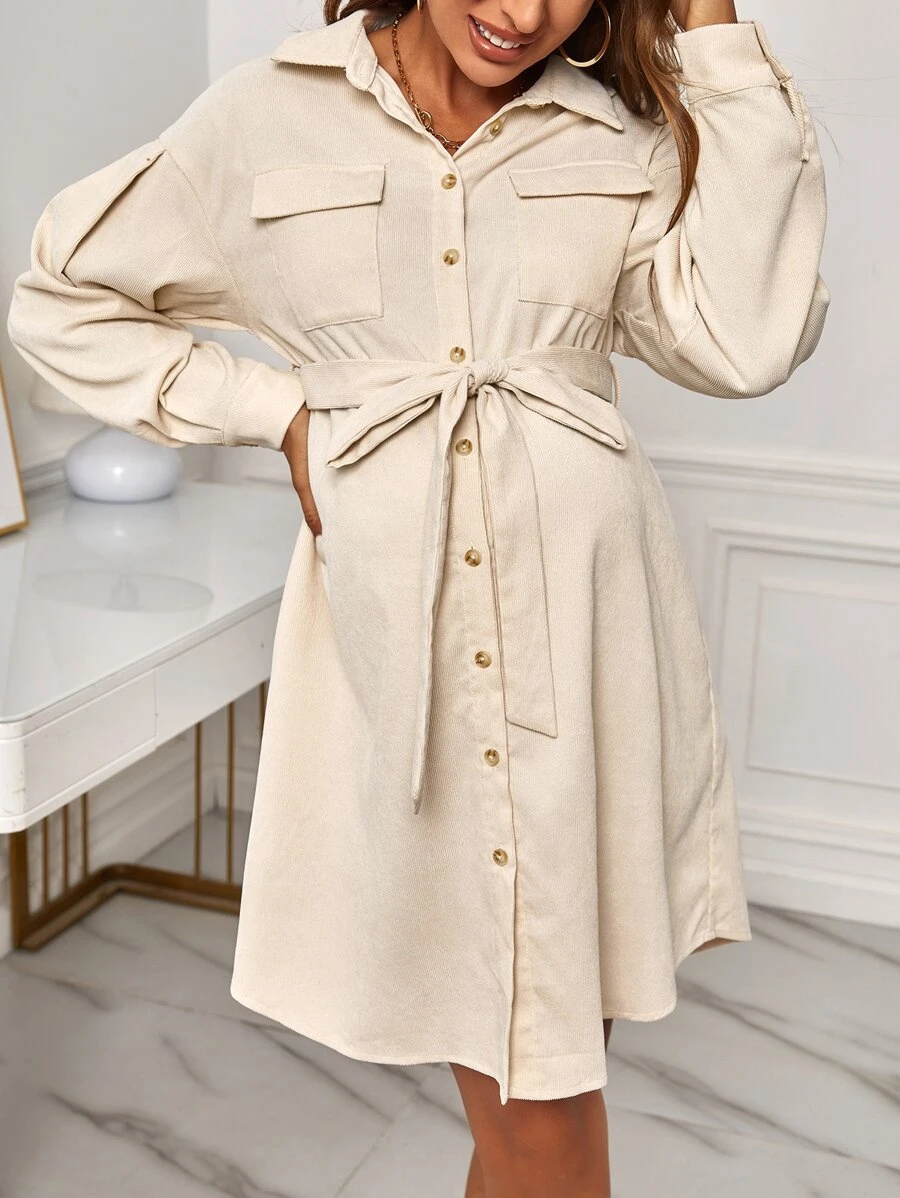 SHEIN Maternity Drop Shoulder Flap Pocket Belted Shirt Dress - Beige - View 1
