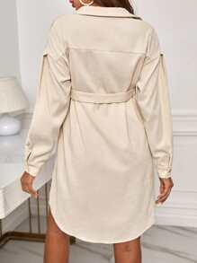 SHEIN Maternity Drop Shoulder Flap Pocket Belted Shirt Dress - Beige - View 2