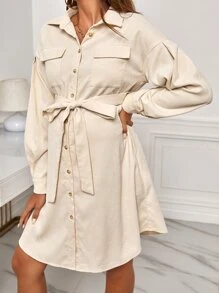 SHEIN Maternity Drop Shoulder Flap Pocket Belted Shirt Dress - Beige - View 3