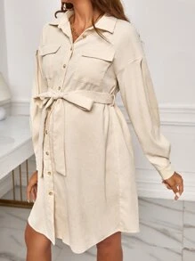 SHEIN Maternity Drop Shoulder Flap Pocket Belted Shirt Dress - Beige - View 4