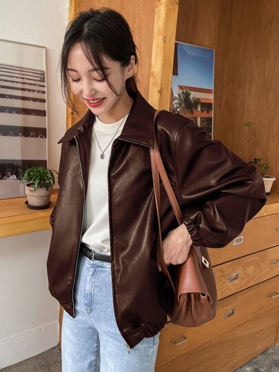 Dazy-Less Slant Pockets PU Leather Jacket,Fall Women Clothes