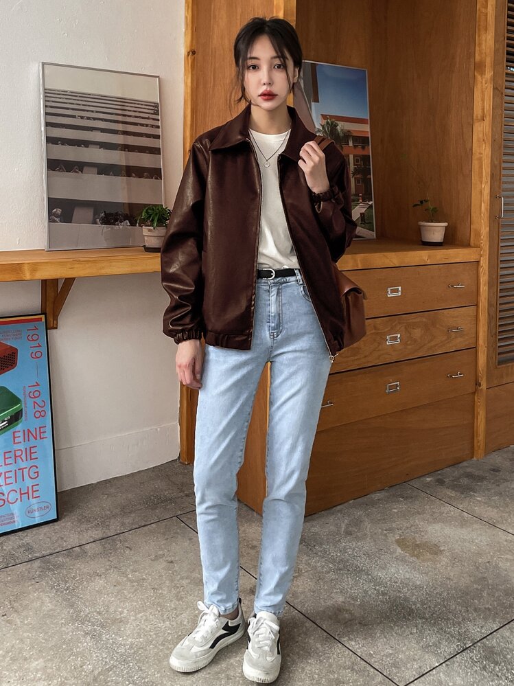 DAZY 斜めポケット PUレザージャケット、秋の女性服、アウター | SHEIN
