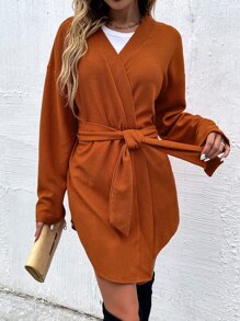 落肩袖腰帶防塵外套 - 亮橙色 - 查看 1