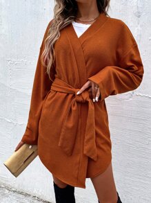 落肩袖腰帶防塵外套 - 亮橙色 - 查看 3