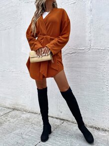 落肩袖腰帶防塵外套 - 亮橙色 - 查看 6