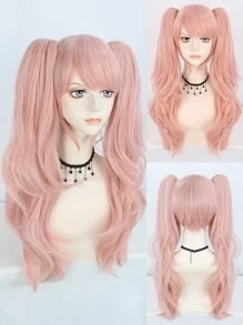 萝莉塔长卷夹式假马尾角色扮演假发,复古长发粉色波浪卷带刘海,适用于甜美可爱女孩,高密度合成无胶防热纤维头发学校万圣节感恩节圣诞节服装配件和1个假发帽 - 粉色 - 查看 2